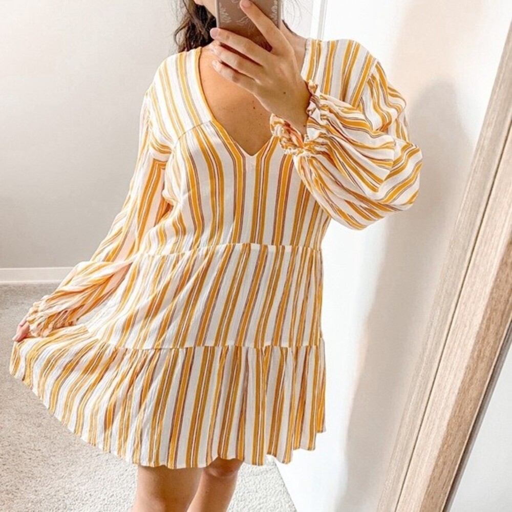 Faithfull the Brand Dress Gallion Yellow White Stripe Tiered Boho Long Sleeve